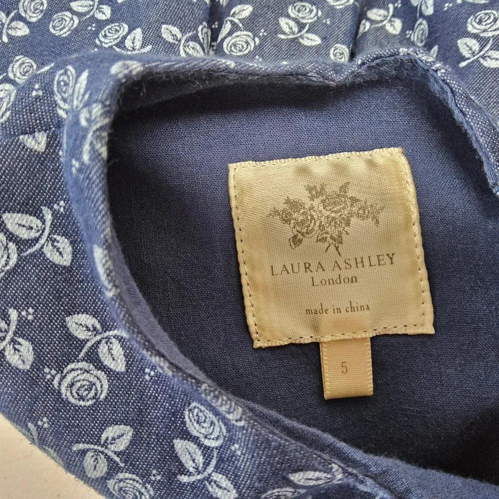 Laura Ashley London Floral Dress Kids Size 5 Navy Blue Long Sleeve Bow Accent